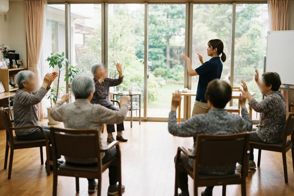 デイサービスで体操をする様子