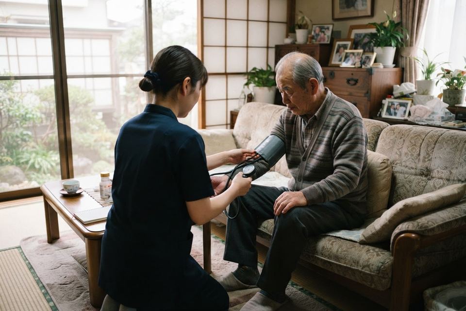 自宅で血圧を測る看護師